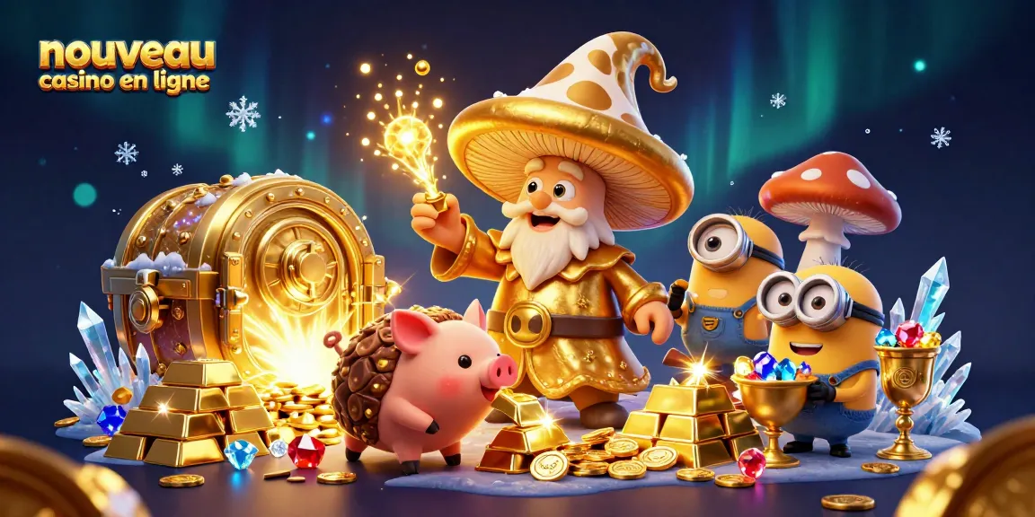 Gagnez des trésors avec le nouveau casino en ligne, illustrant un sorcier en or, un cochon truffier et des gemmes.