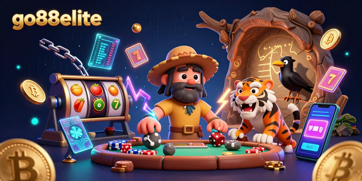 Experience the excitement of go88elite with a vibrant casino scene featuring prehistoric characters and dynamic gambling themes.