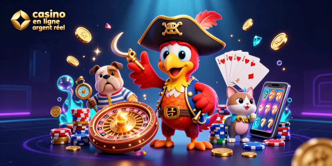 Vibrez avec l'illustration de casino en ligne argent réel, où des pièces d'or et des gemmes scintillantes s'envolent autour de personnages animés.