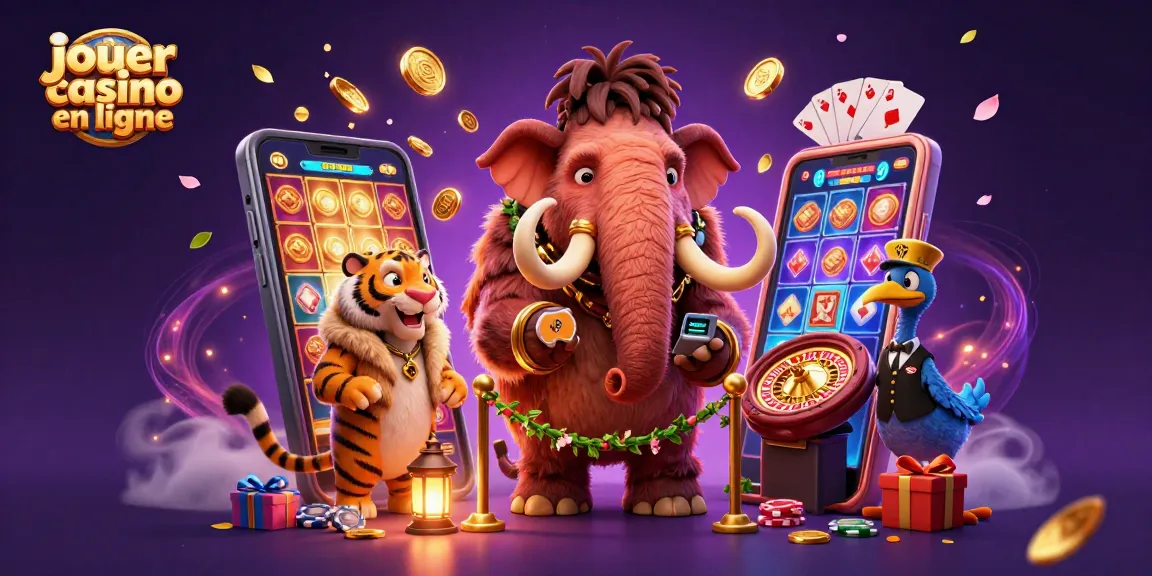 Jouer au casino en ligne avec des personnages ludiques dans une illustration 3D riche et dynamique.