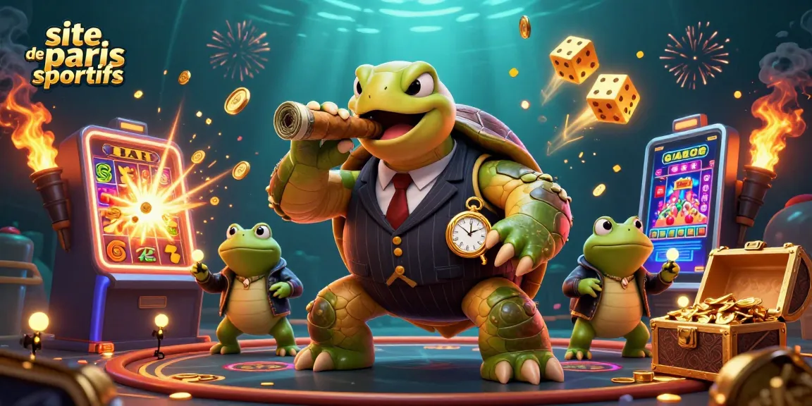 Scène dynamique du site de paris sportifs avec une tortue en costume entourée de grenouilles et de machines à sous.