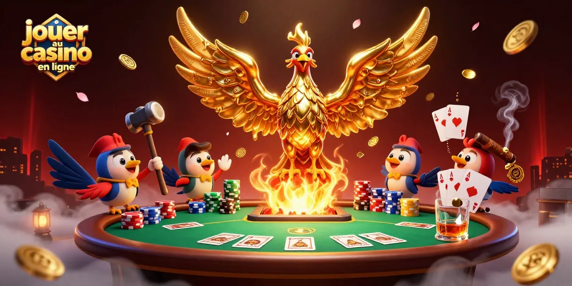 jouer au casino en ligne avec une illustration détaillée de jeux de poker et un phénix doré rendant l'expérience captivante