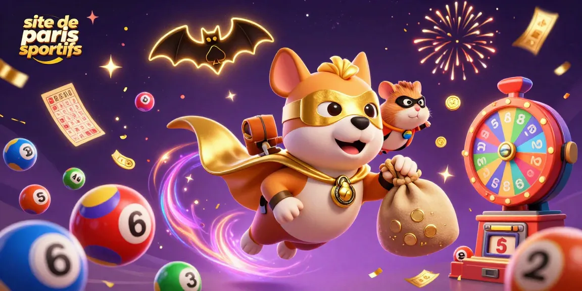 Le site de paris sportifs propose une illustration dynamique d'un chien super-héros volant avec des pièces d'or dans un monde de casino.