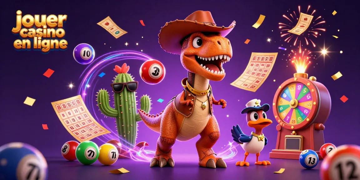 Jouer au casino en ligne avec un dinosaure, un cactus et un oiseau dans une scène animée.
