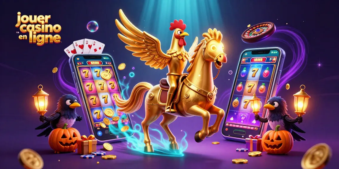 Jouer au casino en ligne avec une illustration de casino fantastique, mettant en scène un coq doré et des crows lumineux.