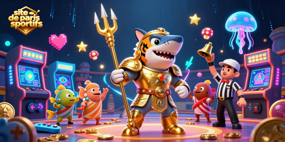 Scène dynamique de site de paris sportifs avec un requin tigré en armure dorée, machines de jeux colorées et ambiance ludique.