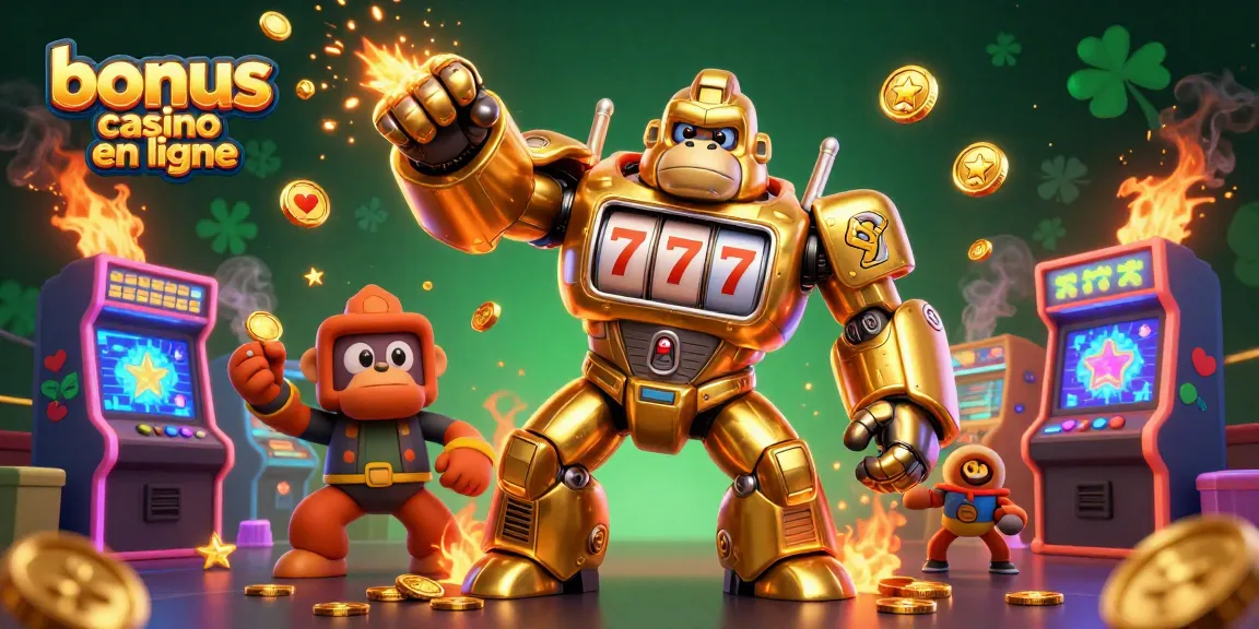 Visualisez un gorille mech en or, symbole de bonus casino en ligne, explosant des pièces sous un fond vibrant.