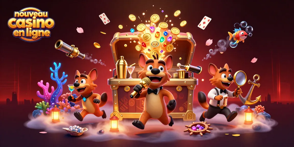 Illustration colorée de nouveau casino en ligne avec des hyènes animées et des trésors sous-marins.