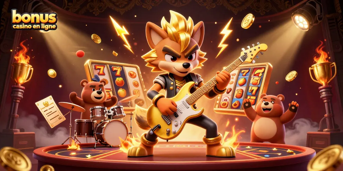 Illustration dynamique d'un concert au casino avec le personnage bonus casino en ligne, loup rockeur et batteur ours entourés de jeux de machines à sous.