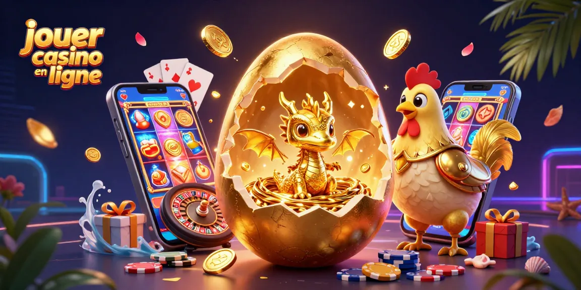 Jouer au casino en ligne avec un dragon doré, entouré de jetons de poker et d'une roulette miniaturisée.