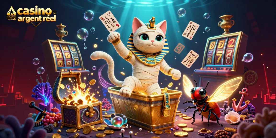 Jouez à casino en ligne argent réel avec un chat momie égyptien révélé dans un décor de casino.