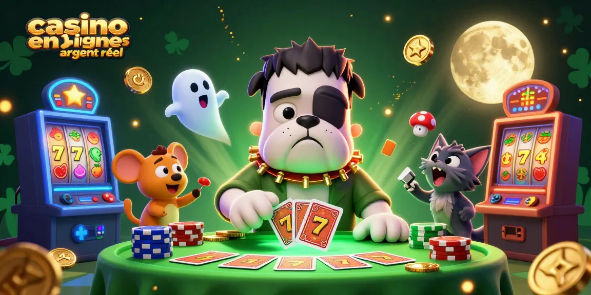Illustration de casino en ligne argent réel, un bulldog Frankenstein jouant aux cartes à une table verte.