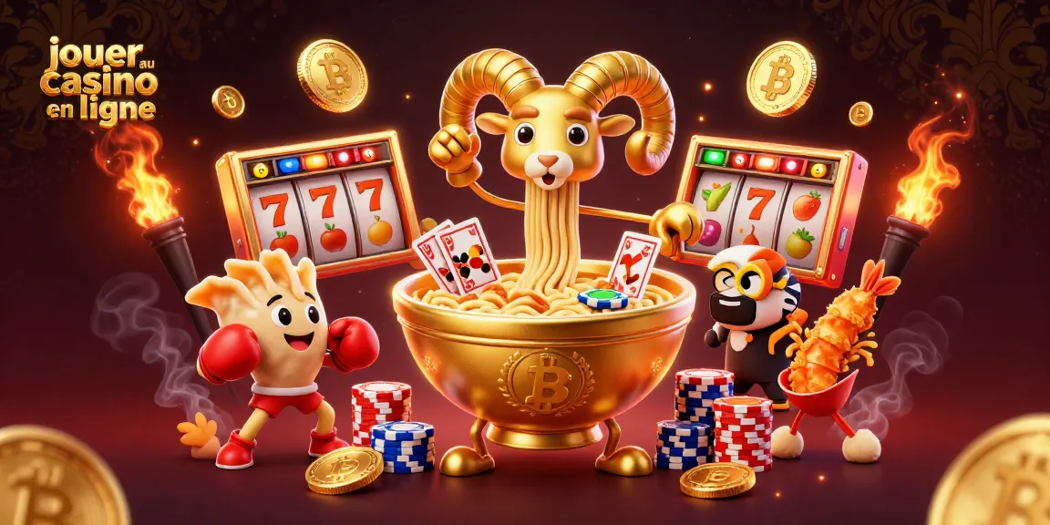 Jouer au casino en ligne avec un bol de ramen géant et des éléments de jeux, illustrations humoristiques.