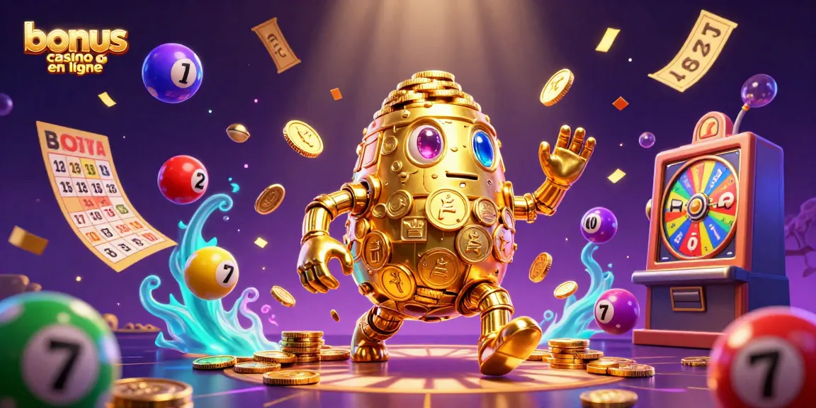 Le bonus casino en ligne est visuellement représenté par un golem en or, des boules de loto colorées et une ambiance éclatante.