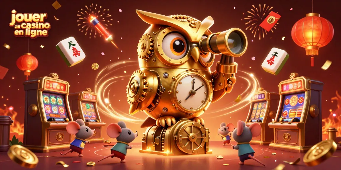Jouer au casino en ligne avec un hibou doré et des éléments festifs illustrant le jeu