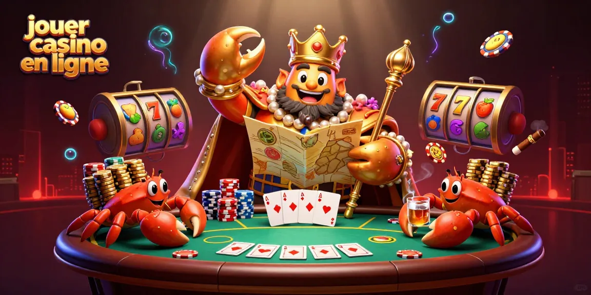 Jouer au casino en ligne avec un roi crabe en or et des crabes serviteurs entourés de jetons et de jeux