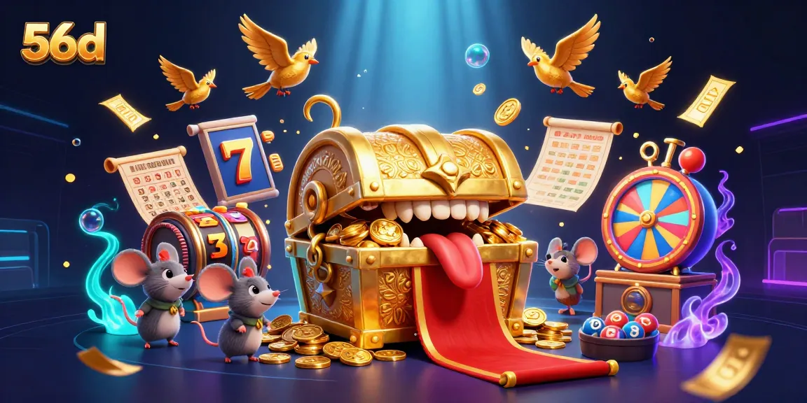 Experience thrilling adventures with 56d's exciting golden treasure chest, vibrant slot symbols, and lively casino elements.