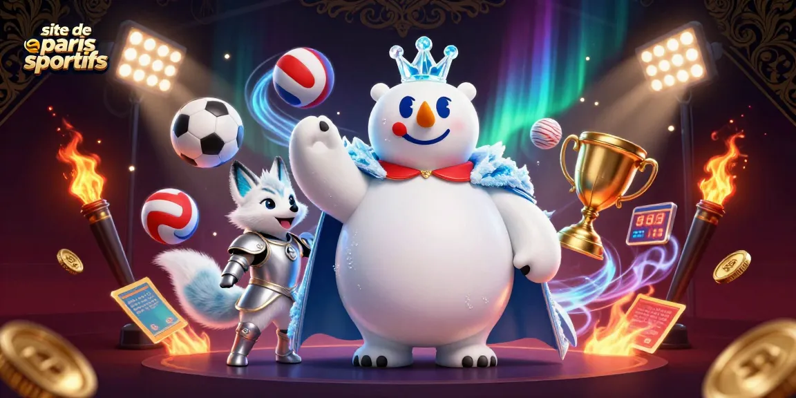 Visualisez le site de paris sportifs avec un ours polaire et un renard, entourés de ballons sportifs et d'éléments de paris.