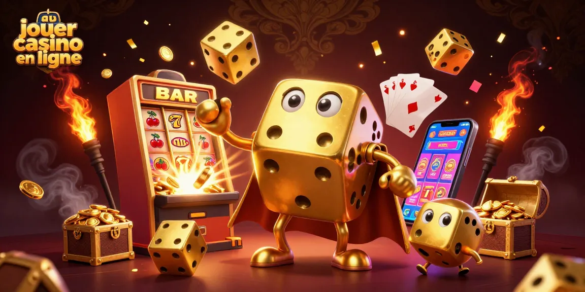 Jouer au casino en ligne avec des personnages 3D, dés dorés, et des machines à sous brillantes.