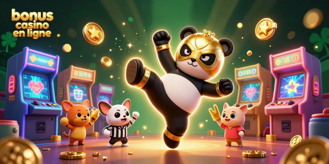 Une scène animée montrant un panda lutteur en masque doré effectuant un coup de pied, évoquant un bonus casino en ligne.