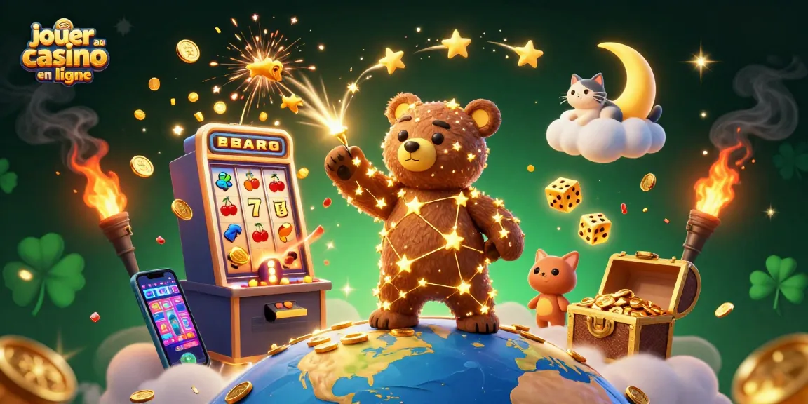 Jouez au casino en ligne avec une scène magique remplie de lumières et de symboles gagnants.