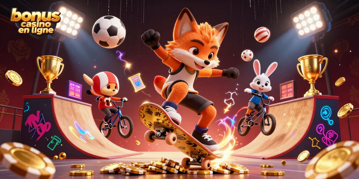 Une illustration colorée mettant en avant un skateboarder en renard et un lapin BMX, illustrant le bonus casino en ligne avec des jetons de poker en arrière-plan.