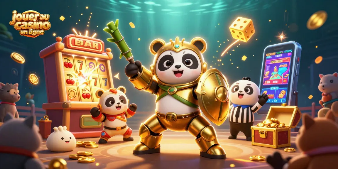 jouer au casino en ligne avec une illustration 3D dynamique d'un panda en robot dans une scène festive