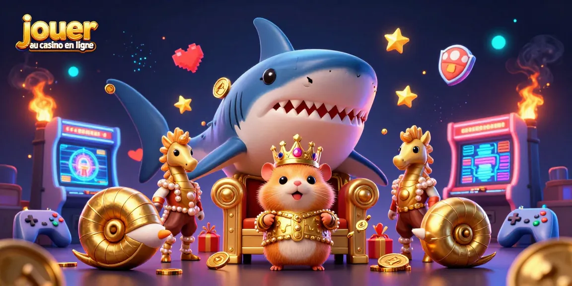 Jouer au casino en ligne avec le roi hamster d'or et des machines à arcade colorées.