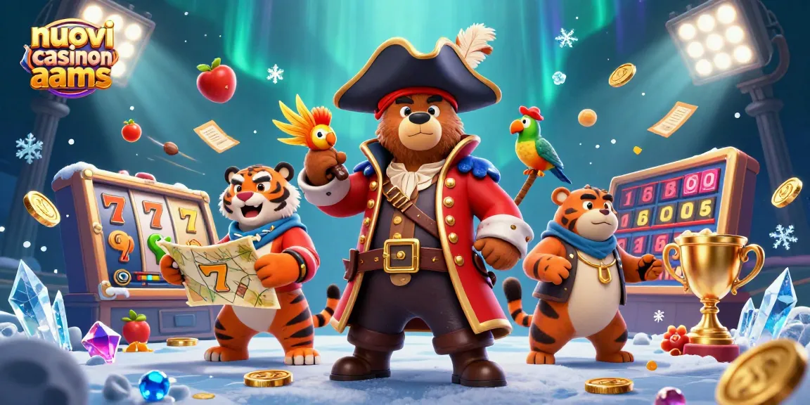 Gioca nei nuovi casino non aams con un'illustrazione vivace di un orso pirata, una tigre e un pappagallo.