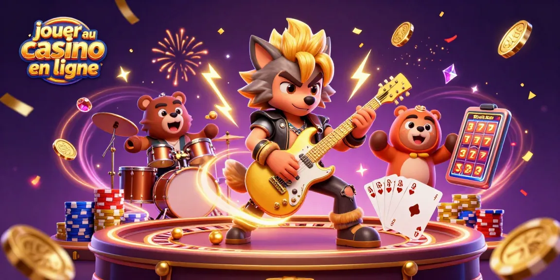 Jouer au casino en ligne avec cette illustration de scène dynamique et festive remplie d'énergie et de détails.