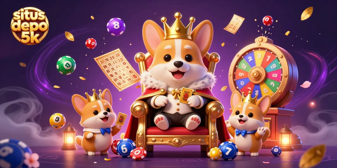 Experience winning with situs depo 5k at this vibrant casino illustration featuring royal corgi characters.