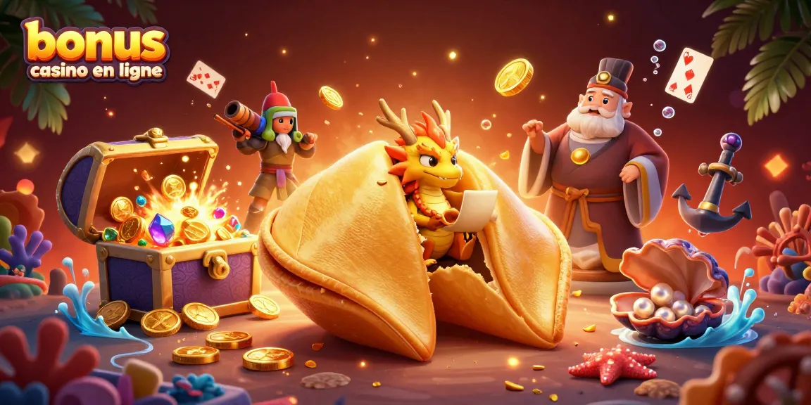 Bonus casino en ligne avec des personnages de jeu et d'or flottant dans une scène dynamique.