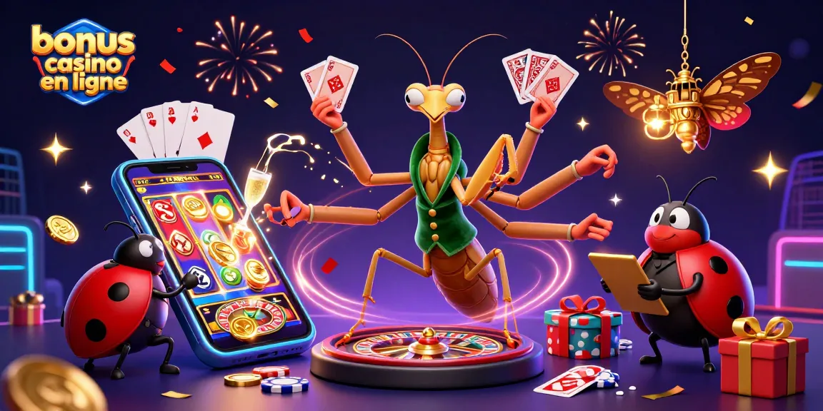 Gagnez un bonus casino en ligne avec un mante religieuse et un croupier ludique dans un casino animé.