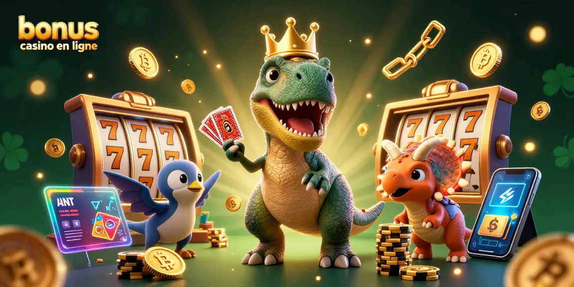 Le T-Rex couronné tente de jouer au poker dans un casino, bonus casino en ligne à proximité.