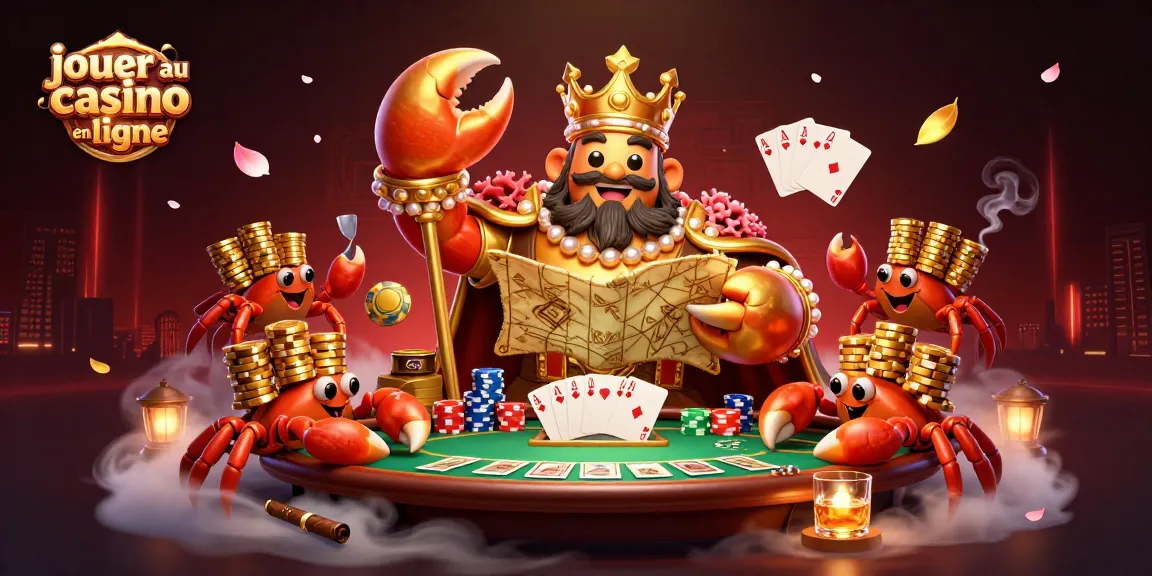 Jouez au casino en ligne avec un crabe empereur doré entouré de tables de poker et jets de casino colorés.