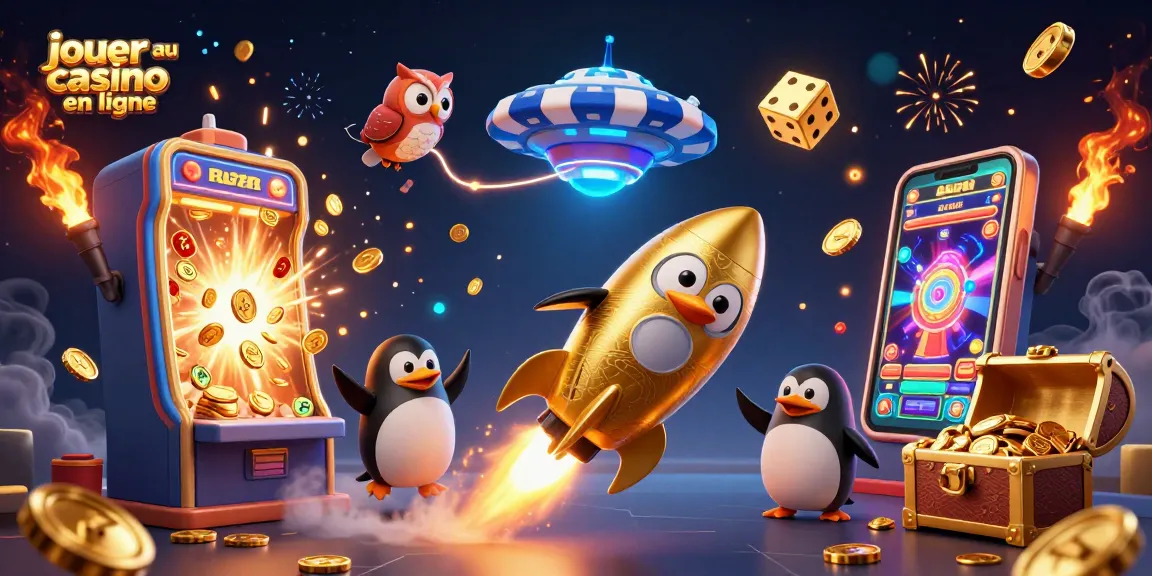 Jouer au casino en ligne avec un pingouin doré en fusée parmi des machines à sous et des trésors