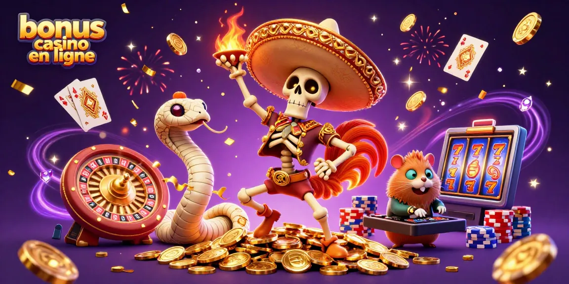 Scène festive avec un bonus casino en ligne, un rooster mariachi dansant et un DJ hamster.