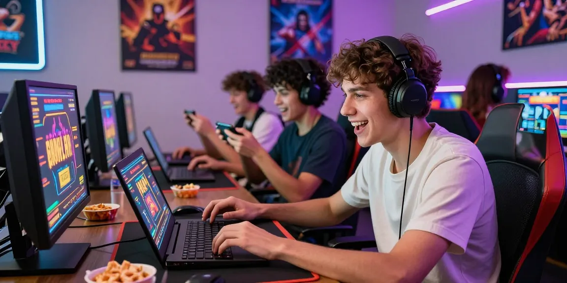 Exciting online gaming scene showcasing friends engaging with https://gravatar.com/playbook88official on mobile devices in a vibrant atmosphere.