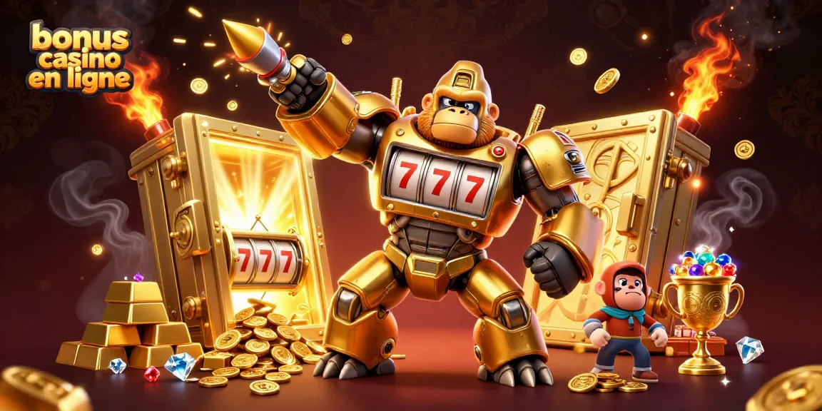 Le bonus casino en ligne illumine une scène dynamique avec un gorille transformateur et des trésors brillants.