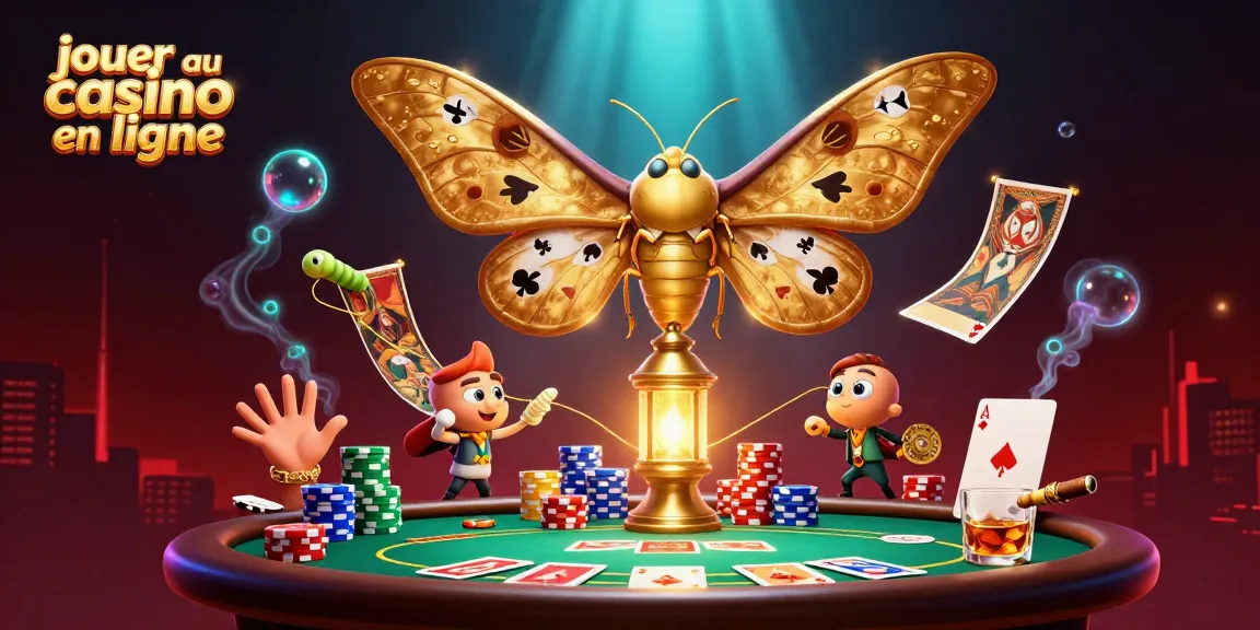 Jouer au casino en ligne avec un papillon cartoon aux ailes dorées et des éléments de poker colorés.