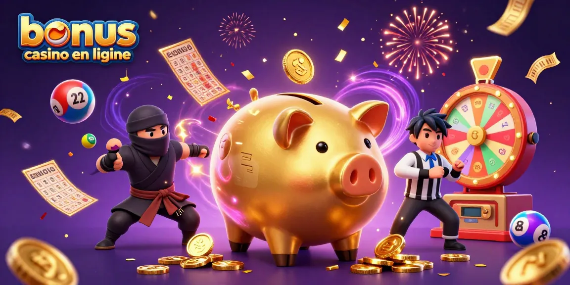 Illustration d'un bonus casino en ligne avec un cochon tirelire sumo, un ninja et un samouraï.