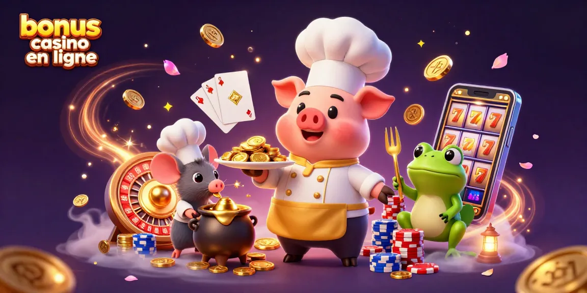 Plongez dans l'univers des bonus casino en ligne avec un chef cartoon et des personnages ludiques